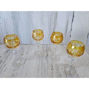 Vintage czech cut glass‎ yellow mini cordial glasses shot wine